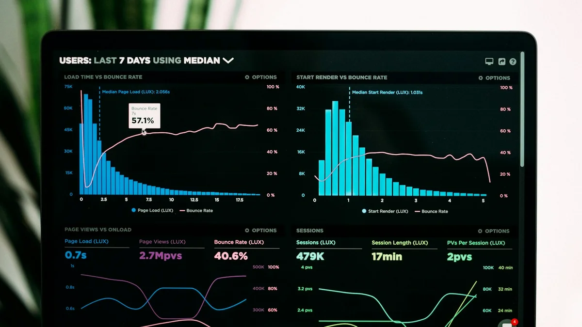 Executive healthcare analytics dashboard displaying organic search visibility, load performance, and answer engine conversion data on laptop